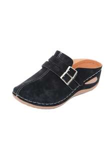 Women's New Round Toe Casual Style Double Buckle Decor Design, Comfortable & Versatile, Black, Retro Platform Slip-On Loafers - Black - View 10