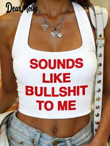 Graphic Halter Backless Sexy Women Tank Top, Fashionable Daily Wear For Spring/Summer Casual White - White - View 2