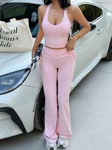 Bộ đồ thể thao 2 mảnh Ocita dành cho nữ mùa xuân/hè, màu trơn, gồm áo tank top cổ chữ V ôm sát và quần ống loe cạp cao, thích hợp cho tập thể dục, chạy bộ, thể thao ngoài trời, yoga và tập gym. - Hồng - Xem 5