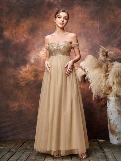 Faeriesty Elegant Maternity Off-Shoulder Evening Gown With Sequin Bodice, Tiered Tulle Skirt, And Romantic Floral Backdrop For Maternity Portrait Session, Pregnancy Photoshoot, Anniversary Celebration, Garden Party, And Family Dinner Event