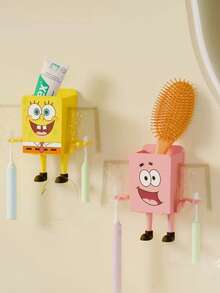 SpongeBob SquarePants 1/4 Giá để bàn chải đánh răng và cốc súc miệng hình hoạt hình SpongeBob dùng trong phòng tắm, Hộp đựng đồ treo tiết kiệm không gian, Không cần khoan, Trang trí nội thất - Nhiều màu - Xem 18