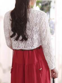 1 chiếc áo khoác cardigan ren mỏng nhẹ, áo khoác mùa hè thanh lịch tay dài thoáng mát, có thể phối cùng váy slip dress. - trắng - Xem 7