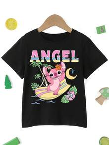 Disney Girls' Black Base Lilo & Stitch Angel Short Sleeve T-Shirt, Breathable & Skin-Friendly, Sweet & Cool Top For Daily Leisure - 黑色 - 查看 3
