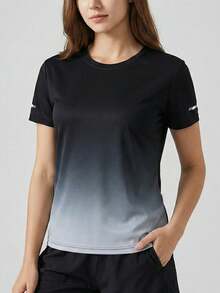 Ombre Activewear Women's Gradient Workout Tee, Slim Fit Breathable Athletic Shirt Lightweight Running Tee - Black - View 2