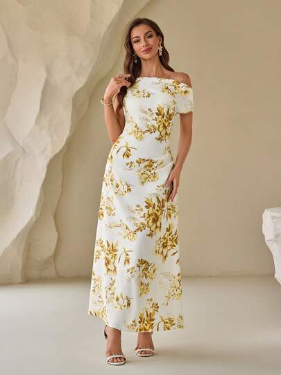 Women's Floral Print One Shoulder A-Line Maxi Dress – Ideal For Daily Commute, Summer Vacation, Resort Wear, Date Night & Cocktail Party Looks