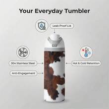 [Local Warehouse] 1 Pc 24oz Insulated Stainless Steel Water Bottle, Realistic Brown And White Cowhide Print, Western Rustic Style Animal Skin Pattern For Ranchers And Farmers, Aesthetic Cowboy Gear For Valentines Day Gifts. - 1PC - View 2