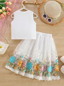 2pcs/Set Girls Lace Patchwork Sleeveless Top And Embroidered Mesh Skirt, Summer Fashion - White - View 8