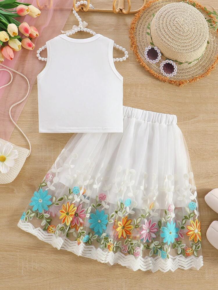 2pcs/Set Girls Lace Patchwork Sleeveless Top And Embroidered Mesh Skirt, Summer Fashion - White - View 8