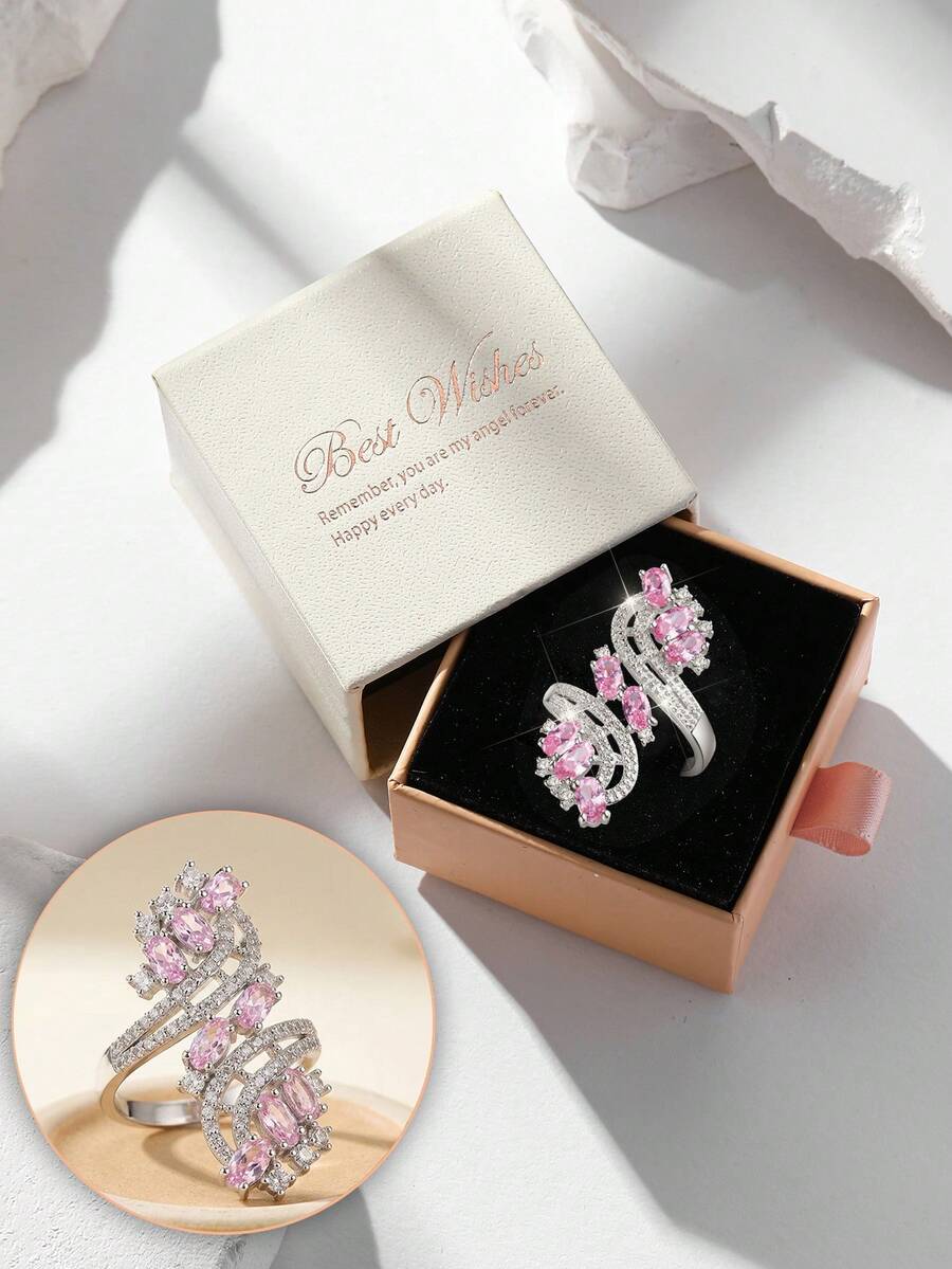 Gift Box Cubic Zirconia Rhinestone Musical Note Ring, Elegant Jewelry For Women Wedding Party Evening, Copper Material Non-Fading Non-Allergic, Ideal Holiday Gift - Silver - View 1