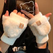 女士毛绒露指手套，冬季翻盖保暖手套，加厚可爱小熊图案柔软打字办公毛绒手套，学生款 - 彩色 - 查看 8