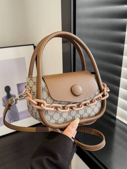Retro Fashion Chic Shoulder Crossbody Handbag With Contrast Color Buckle & Crescent Moon Design