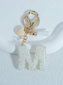 Shiny Marble Texture Uppercase English Resin Letter Set (26 Letters), 18K Gold Plated Lobster Clasp Chain Flat Ring 3 Pieces Set, Fashionable & Casual, Can Be Used As Cup Chain, Bag Chain, Phone Hanging Chain, Perfect For Birthday, Christmas Gifts, Car Accessories, Bag Charms, Campus Style, Gothic Style, Y2K Style - Beige - View 13