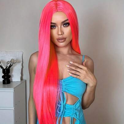 粉色蕾丝前额真人发假发，直发，13x6蕾丝前额假发，粉色真人发，预先拔毛，带婴儿发，180密度，Remy直发，适合女性日常佩戴、派对、音乐节、情人节礼物、角色扮演等场合。