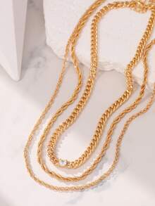 Set de 3 collares de cadena de cuerda retorcida con incrustaciones de cobre multicapa, collar único de alta gama, cadena de suéter - Amarillo Oro - Ver 3