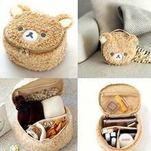 Girly Light Brown Plush Bear Makeup Bag Embroidery Design + Mesh Compartment Portable Travel Daily Storage Bag HHFO WMLE - 小熊頭 - 查看 4