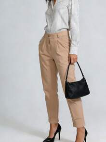 Women's Straight Leg Tailored Trousers Plus Size With Crease | Elegant And Comfortable - Café integral - Ver 2