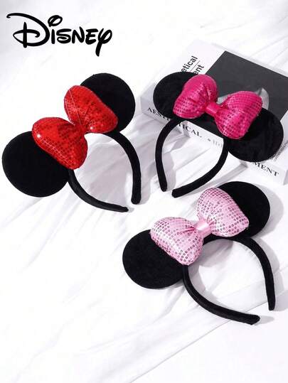1 pieza Diadema con orejas de Minnie Mouse de Disney con un lazo lindo, accesorio para el cabello con decoración de dibujos animados adecuado para uso diario, fiesta de princesas, fiesta de cumpleaños, regalo o fiesta de disfraces, accesorio para el cabello de moda para mujeres, Día de San Valentín, diadema, pasador para el cabello