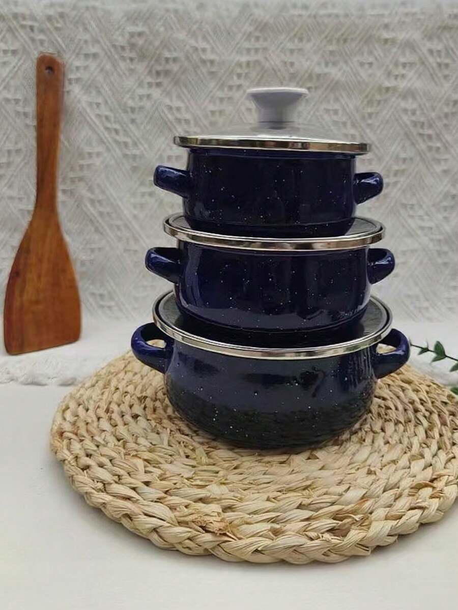 3pcs Multi-Color Enamel Cookware Set, Thick Double-Ear Enamel Cooking Pot, Suitable For Gas & Induction Cooktop, Includes Soup Pot, Milk Pot, Cartoon Cute Enamel Bowl With Handle - Enamel Pot - View 1