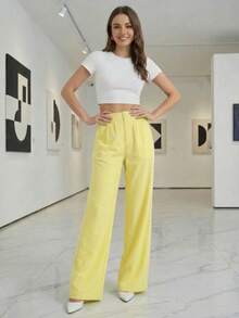 A&DD MODA, REF: AS1807 - Women's High-Waisted, Straight-Leg Trousers With Pockets And Interwoven Stripes On The Sides. For Office, Commuting, Vacation, Afternoon Tea, Events. - Màu vàng - Xem 6