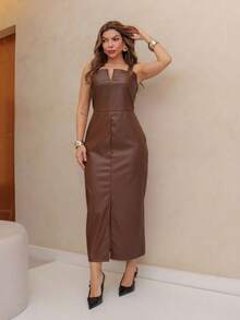 A&DD MODA, REF:Y251. Women's PU Leather Dress, High-Quality Black Leather Skirt Dress, Long Skirt With Slit Spring And Summer 2025, Sexy Dark Punk Party Dress, Long Leather Skirt With Slit At The Slim Waist And Bare Back. - 巧克力棕 - 查看 1