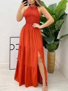Elastek Elegant Slit Halter Neck Long Dress - Orange - View 4