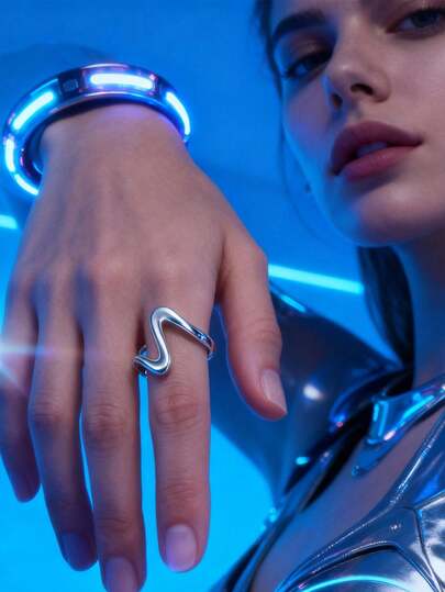 1枚极简主义不锈钢开口戒指，独特设计不对称波浪时尚女士戒指