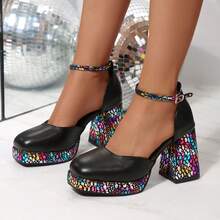 女士PU皮革拼接性感搭扣防水厚底派对高跟鞋，时尚粗跟，搭配连衣裙、牛仔裤，提升女性魅力，舒适优雅的高跟鞋 - 黑色 - 查看 3