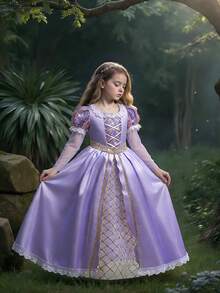 长袖亮片优雅花童蓬蓬公主裙，适合派对、生日等场合，不含头饰 - 紫色 - 查看 1