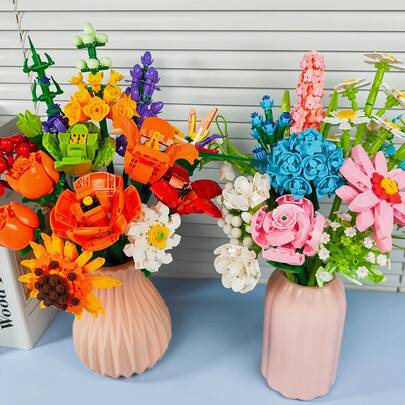 HUIQIBAO TOYS Rose And Sunflower Building Block Bouquet, Office Decoration, Potted Plant, And Gift For Gift-Giving,Assembly Toys, Valentine's Day Gift