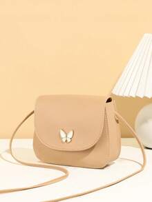 Mini Butterfly Print Decor Metal Crossbody Shell Bag - Khaki - View 3