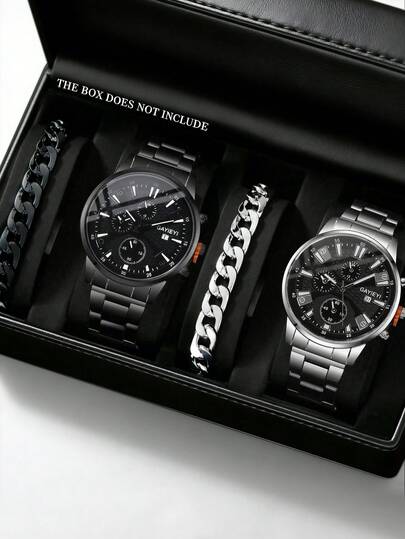 4 件套简约休闲男士石英表配件套装（包括黑色/银色金属表带计时石英表，黑色蜂窝表盘 + 黑色/银色链手链），以酷炫的黑色和银色为底色。