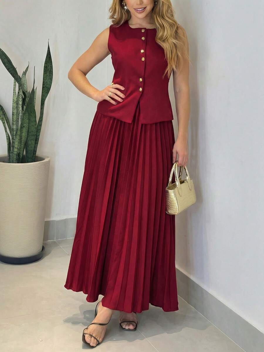 Women's Elegant Burgundy Vest & Pleated Skirt Set - Sleeveless With Golden Button Details, Suitable For Valentine's Day Date, Party, Wedding Guest Outfit, Spring/Summer - Red - View 1