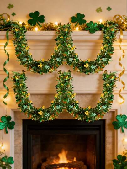 Vòng hoa ngày Thánh Patrick, được dệt bằng những đường cỏ ba lá màu xanh lá cây và vàng, tượng trưng cho may mắn - Thích hợp để trang trí lò sưởi, phòng ngủ, văn phòng, lớp học, tiệc tùng và trang trí nhà cửa trong nhà/ngoài trời vào các dịp lễ. Có thể dùng làm phông nền tiệc, trang trí cửa ra vào và trang trí vòng hoa.