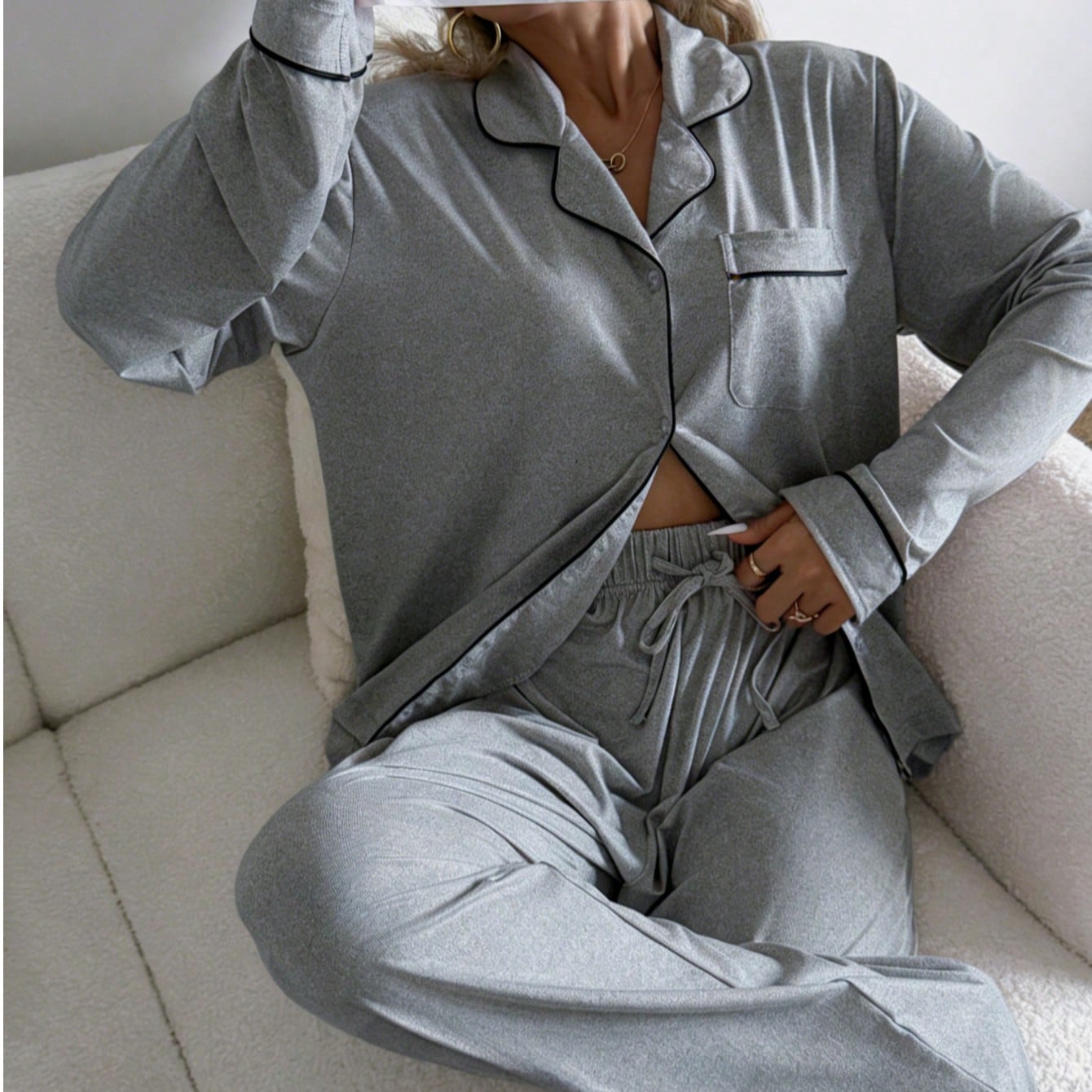 Piezas Conjunto de pijama de mujer con cuello entallado y manga larga - Ropa de dormir y de estar en casa cómoda y casual