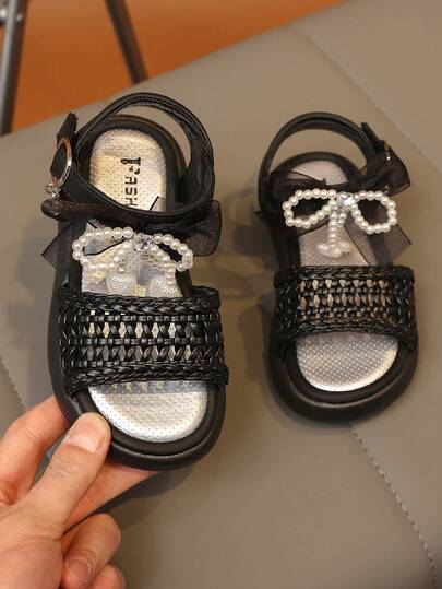 1 Pair Fashion Versatile Girls' Sandals, Pearl & Rhinestone Bow Cute Flat Sandals, Hook And Loop Design, Round Toe Casual, Dance, Outdoor Wear, Glitter Decor Little Girls' Princess Shoes For Spring, Autumn, Party, Wedding