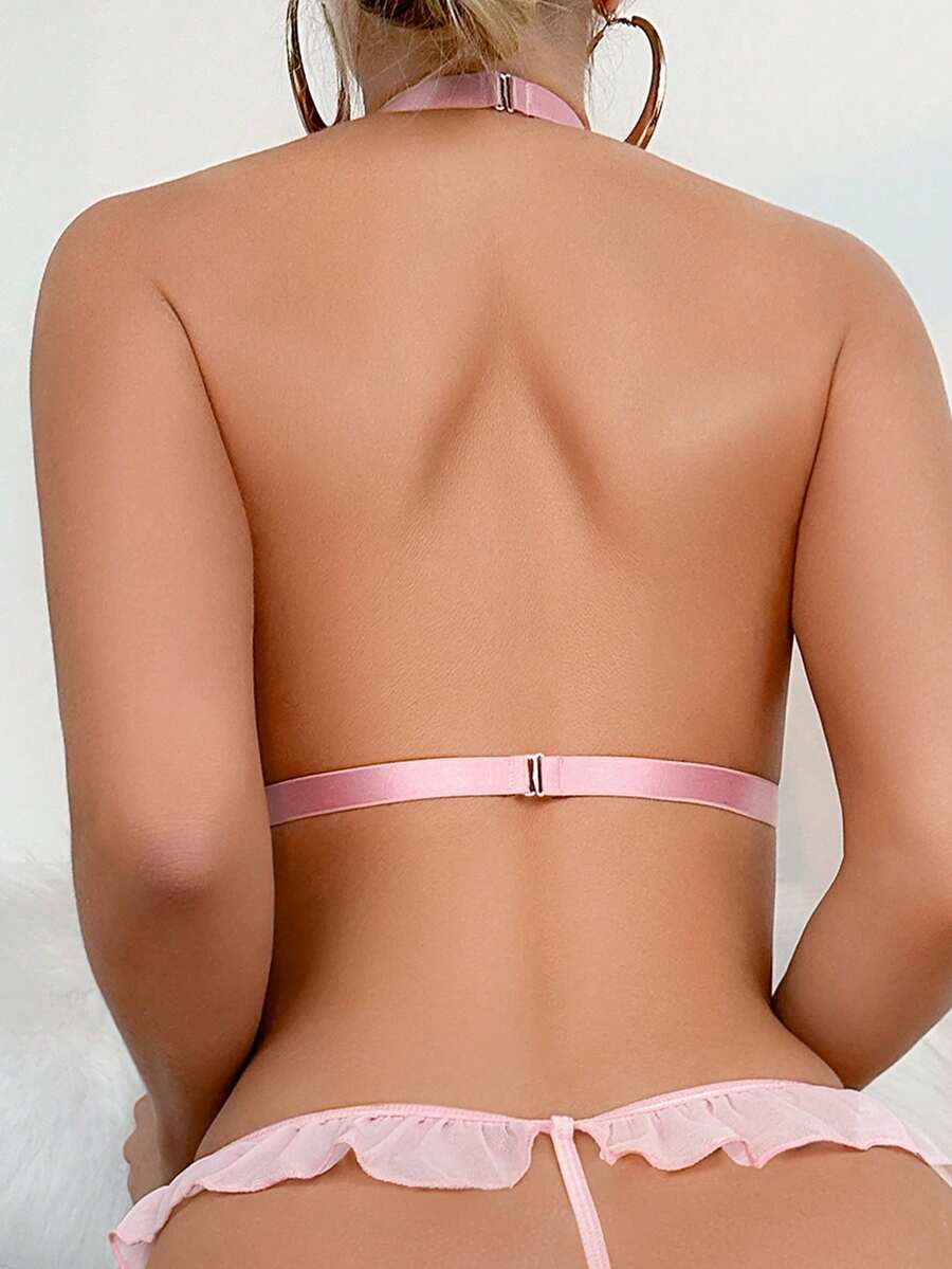 2 PC Women's Valentine's Day Sexy Pink Pajamas Lingene Set,Heart-Shaped Lace,Bow,Frill,Sheer,Romantic, Sexy Underwear Set For Bride. - Pink - View 1