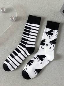 1双男女通用时尚黑白阴阳钢琴图案中筒袜，情侣袜，适合所有季节，春夏皆宜 - 黑與白 - 查看 5