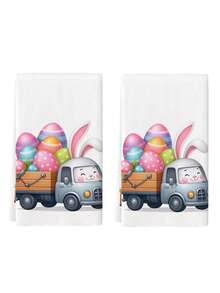 2条装汽车载复活节彩蛋图案厨房毛巾，复活节兔子图案餐巾，可用作厨房擦手巾、茶巾等。 - 白色 - 查看 7