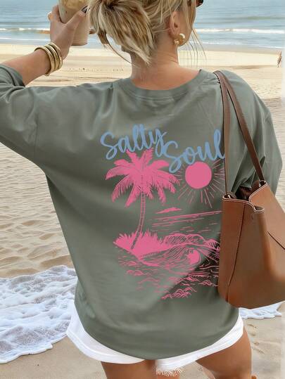 SALTY SOUL Women's Spring/Summer New Seaside Resort Coconut Tree Sun Printed Daily Casual Round Neck Short Sleeve T-Shirt Fashionable Dressing, Your Daily Vacation Essential. Vacation Outfits Women Graphic Tees Women