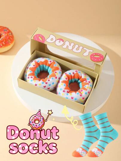 CREATOR SOCKS 1 Pair Multicolor Mid-Calf Gift Socks, Unisex Couple Gift Box, Soft Donut Design Novelty Socks, Creative Food-Inspired Design