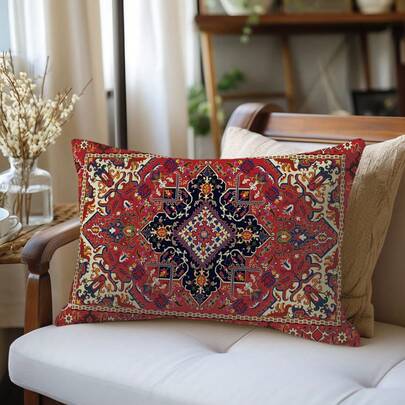 1pc Vintage Geometric Floral Pattern Throw Pillow Cover, Soft Peach Velvet Material, 30*50cm/40*60cm Single-Sided Printed Cushion Cover, Suitable For Home Bedroom Living Room Sofa, Holiday Decor, Decorative Pillow Gift (No Pillow Insert)