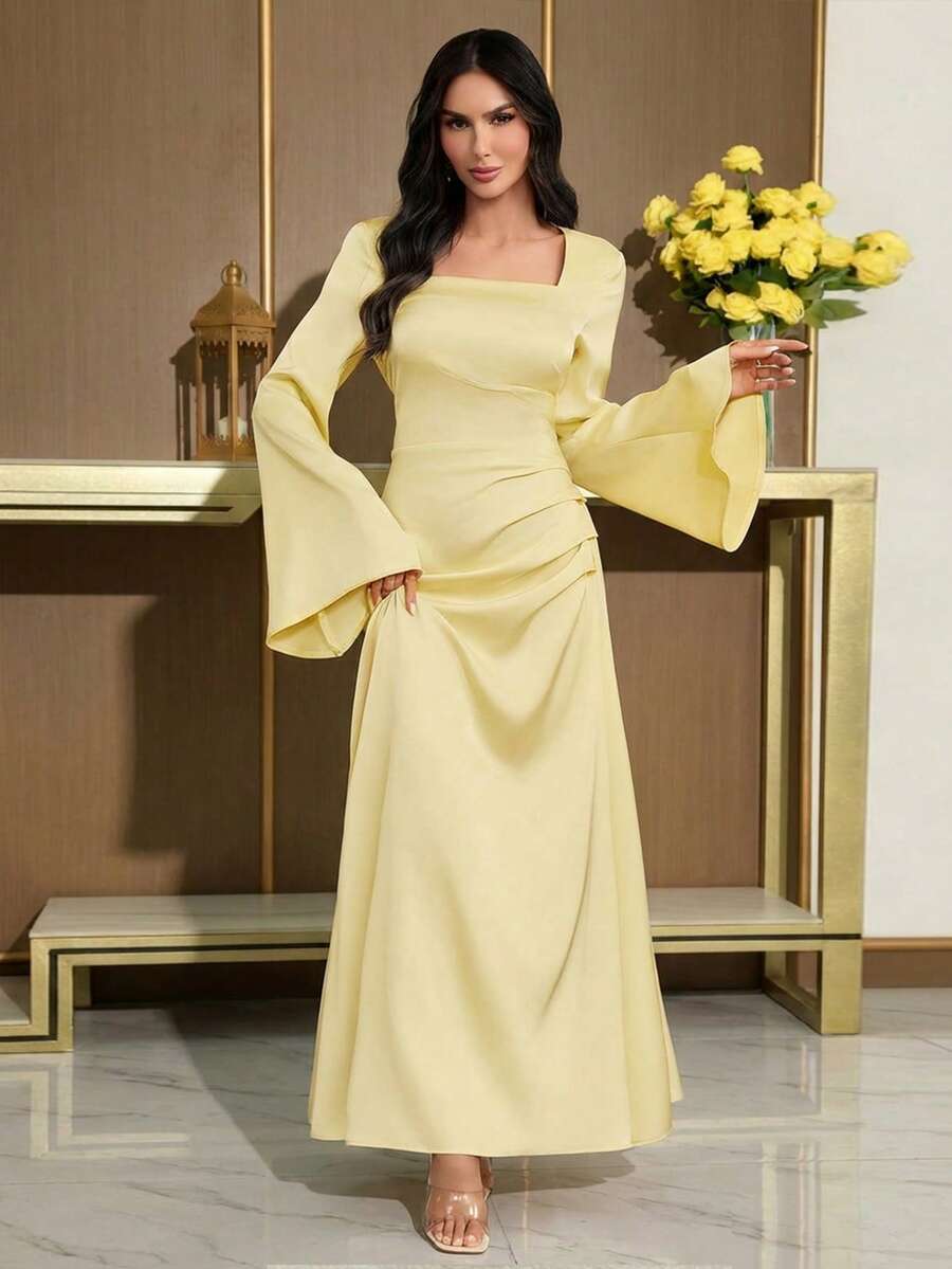 Women's Spring/Summer Fashionable & Elegant Yellow Satin A-Line Dress – Square Neckline, Flared Sleeves, Irregular Pleated Design, Ideal For New Year Gowns, Romantic Dates & Party Wear - Pale Yellow - View 1