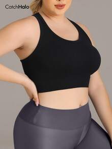 Plus Size Women's Black Short Racing Tank Top, Seamless Wide Strap Round Neck, Fitness Yoga Sports Summer Style - Black - View 4