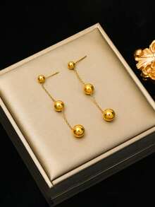 1 Pair Stainless Steel Ball Dangle Long Earrings For Women, Suitable For Daily Wear, Gift - Yellow Gold - View 9