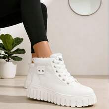 Autumn And Winter Fashion Casual Lamb Wool Lined High-Top Shoes, Faux Leather Patchwork Color-Block Metal Decor Lace-Up Platform Wedge Women's Shoes, Warm And Comfortable - 白色加絨款 - 查看 3