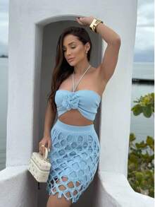 Conjunto saída de praia saia e cropped forro removível 3 peças - Azul bebê - Visão 2