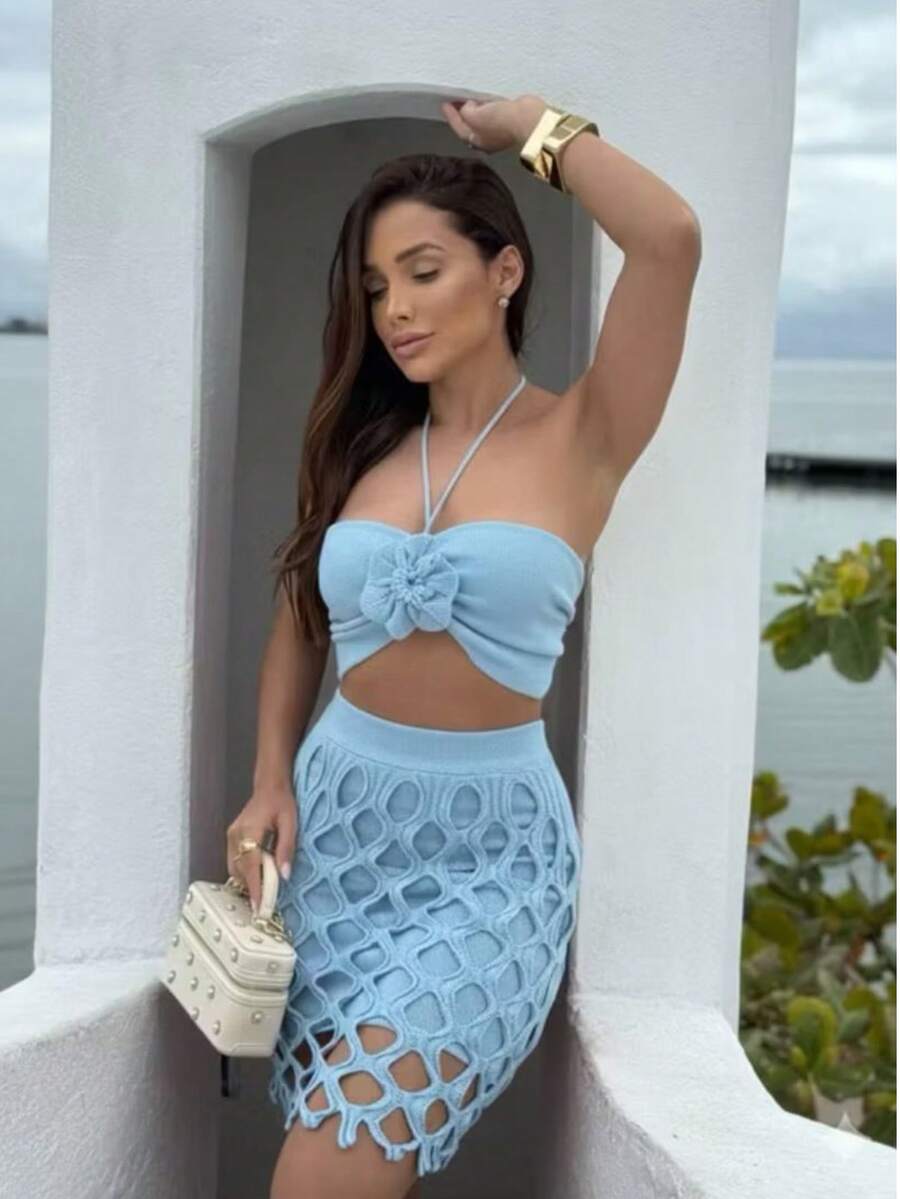 Conjunto saída de praia saia e cropped forro removível 3 peças