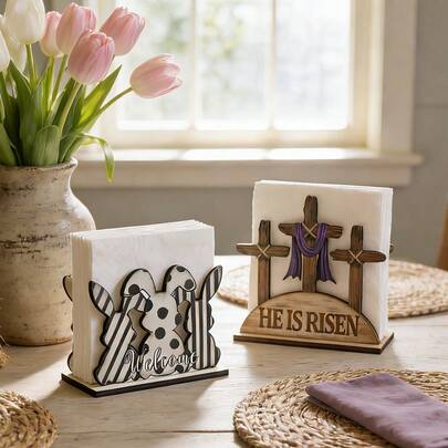 1 pieza Portanachos de madera para Pascua, soporte de servilletas con forma de conejo lindo, adecuado para decoración de cocina y mesa de comedor, centro de mesa para fiesta de primavera y adorno de escritorio creativo.