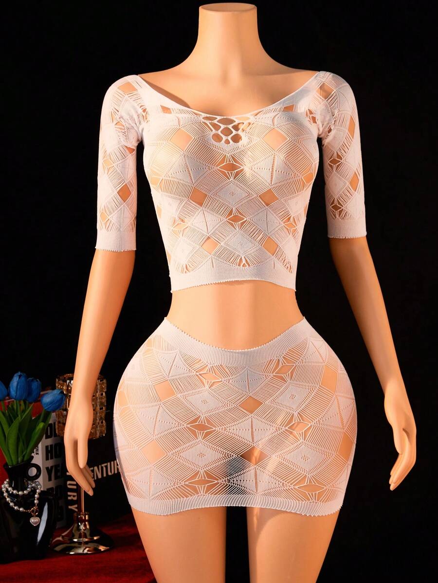 两件套女士性感蕾丝透视露肩短款上衣和迷你裙异域风情镂空泰迪熊内衣 - 白色 - 查看 1