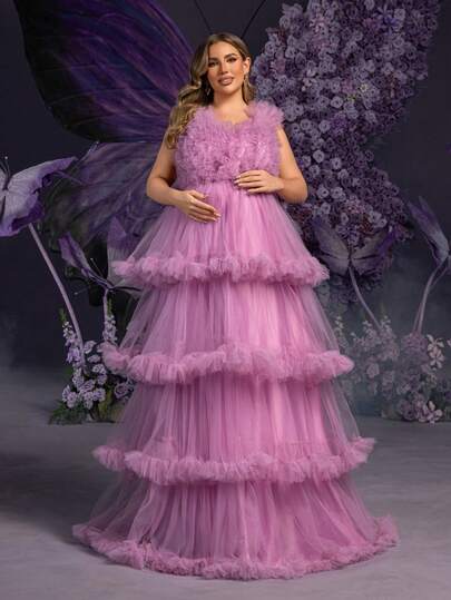 Faeriesty Elegant Maternity Plus Size Sleeveless V-Neck Maxi Party Gown For Women | Ruffle Detailing At Upper Bodice & Shoulders For Feminine Dimension (Delicate Layering), For Spring Weddings, Mother's Day Celebrations